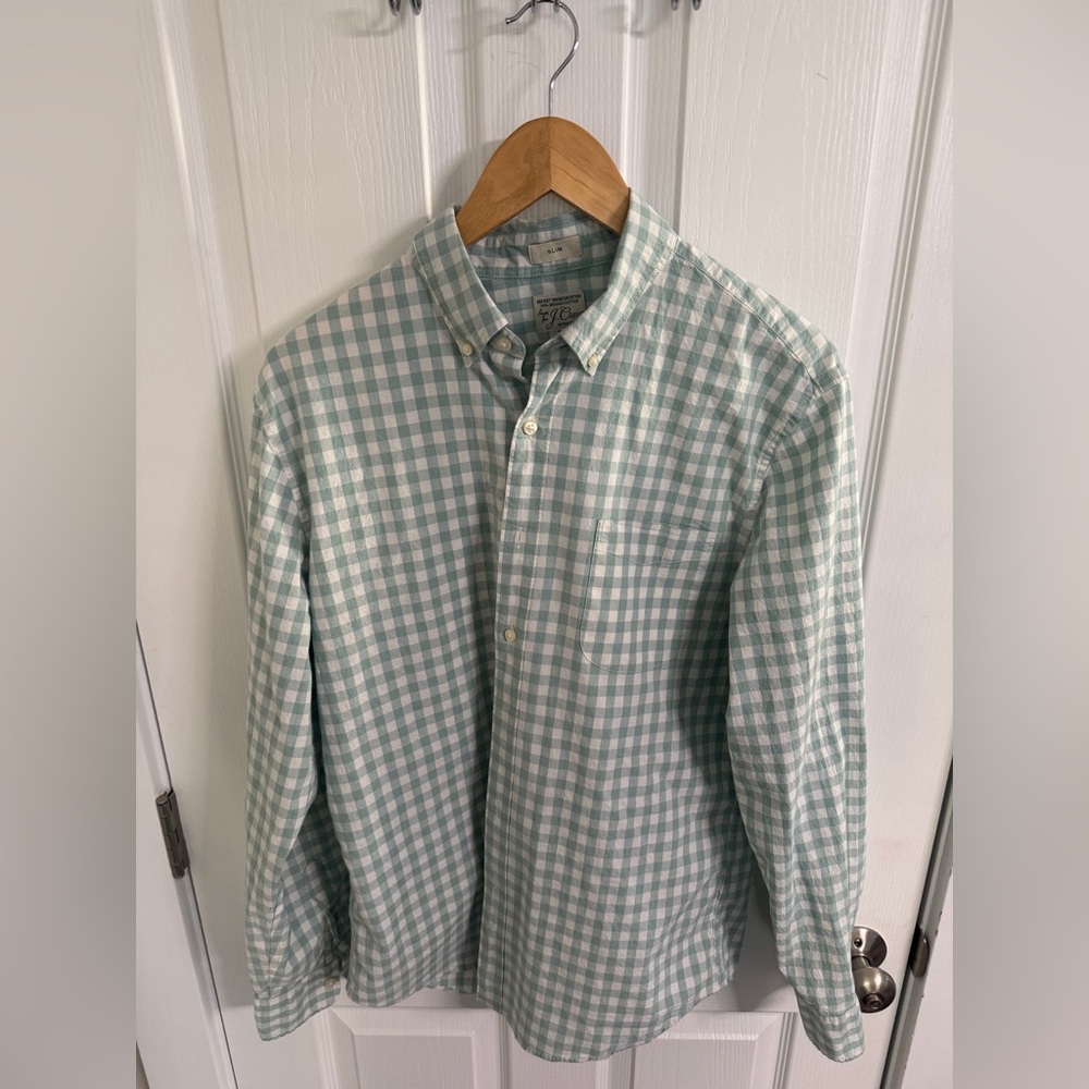 J. Crew Seafoam Green Gingham Secret Wash Button Down Shirt - Stretch